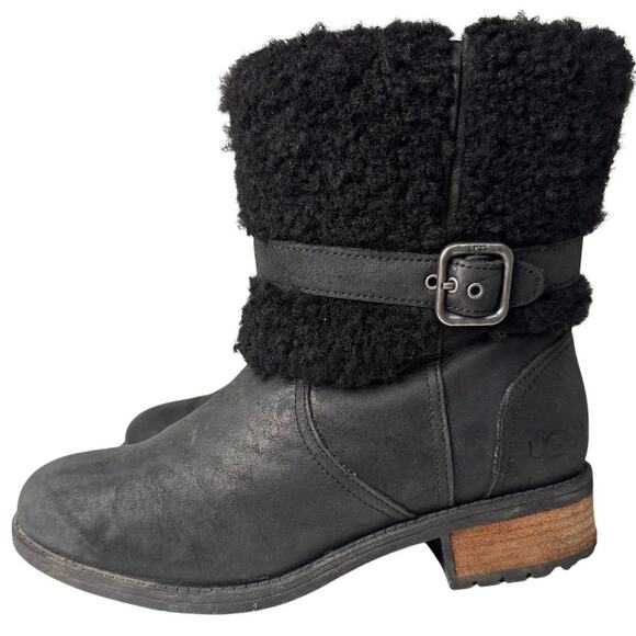 UGG Blayre II Boots Womens 8 Black Nubuck Shearling Zip Fur Trim Equestrian Fall - Picture 11 of 16
